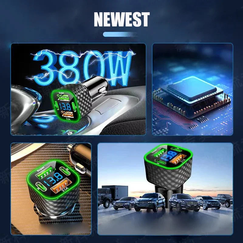 Car Phone Charger - USB C Dual PD 4 in 1 with Voltage Display Super Fast Charge