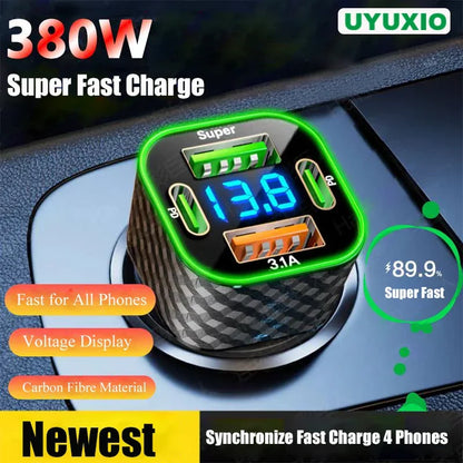 Car Phone Charger - USB C Dual PD 4 in 1 with Voltage Display Super Fast Charge