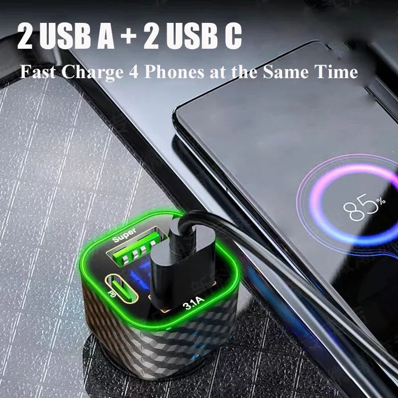 Car Phone Charger - USB C Dual PD 4 in 1 with Voltage Display Super Fast Charge